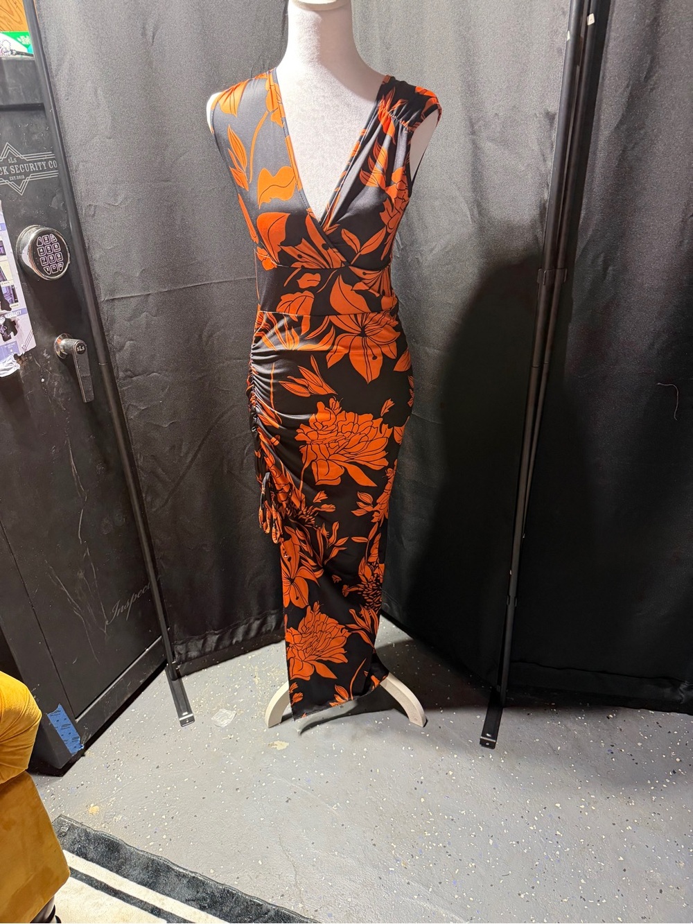 SHEIN Black Maxi Dress with Bold Orange Floral Design
